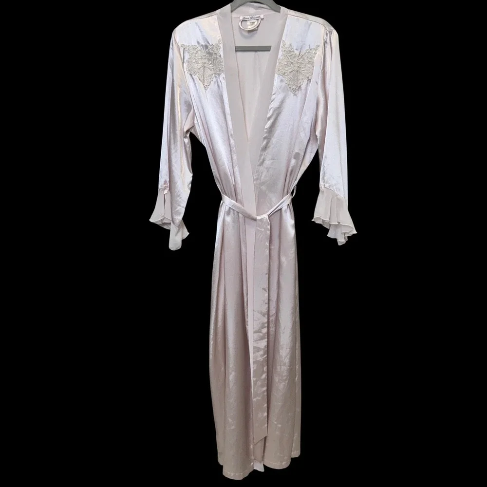 Linea Donatella Womens Satin Robe L/XL Pink Lace Ruffle Cuff Bridal Coquette